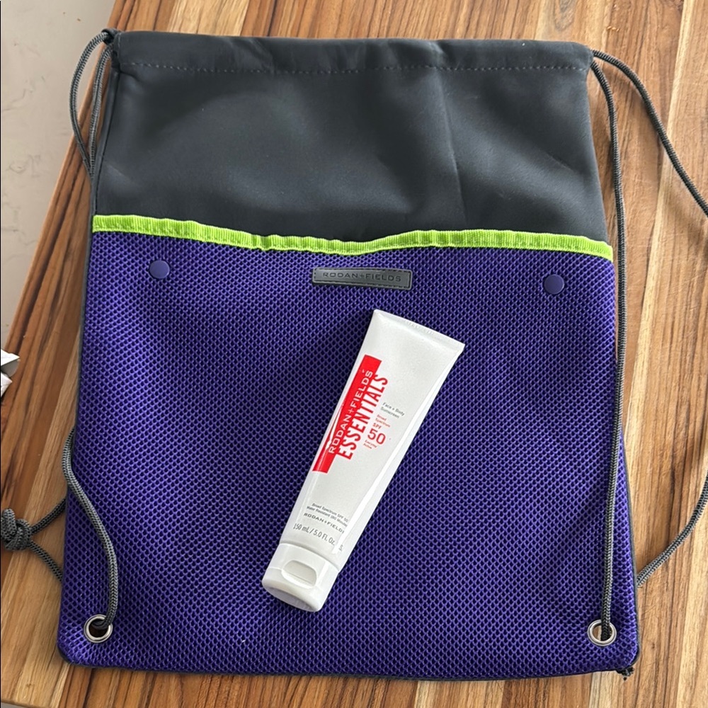 R + F sunscreen & Purple and Black R + F Drawstring Bag
